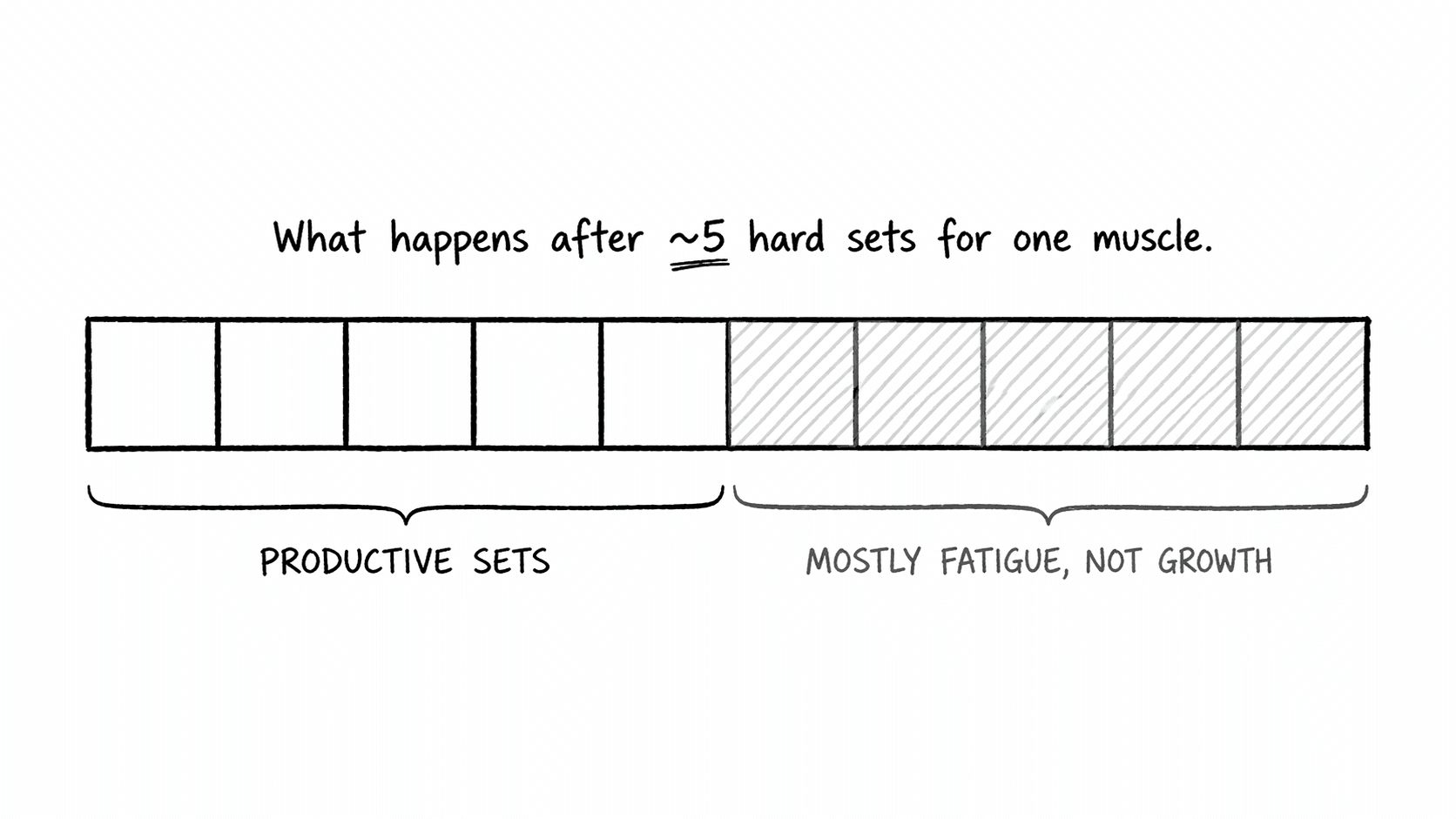 Diagram som visar en rad set för en muskel, där de första 5 är markerade som produktiva och resterande set är streckade och märkta som mest trötthet, inte tillväxt