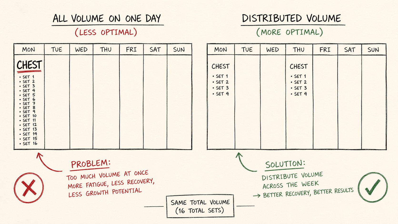 Jämförelse sida vid sida av 1x vs 2x veckofrekvens för samma muskel, som visar 10 set på en dag mot 5+5 fördelat på två dagar med produktiva set markerade