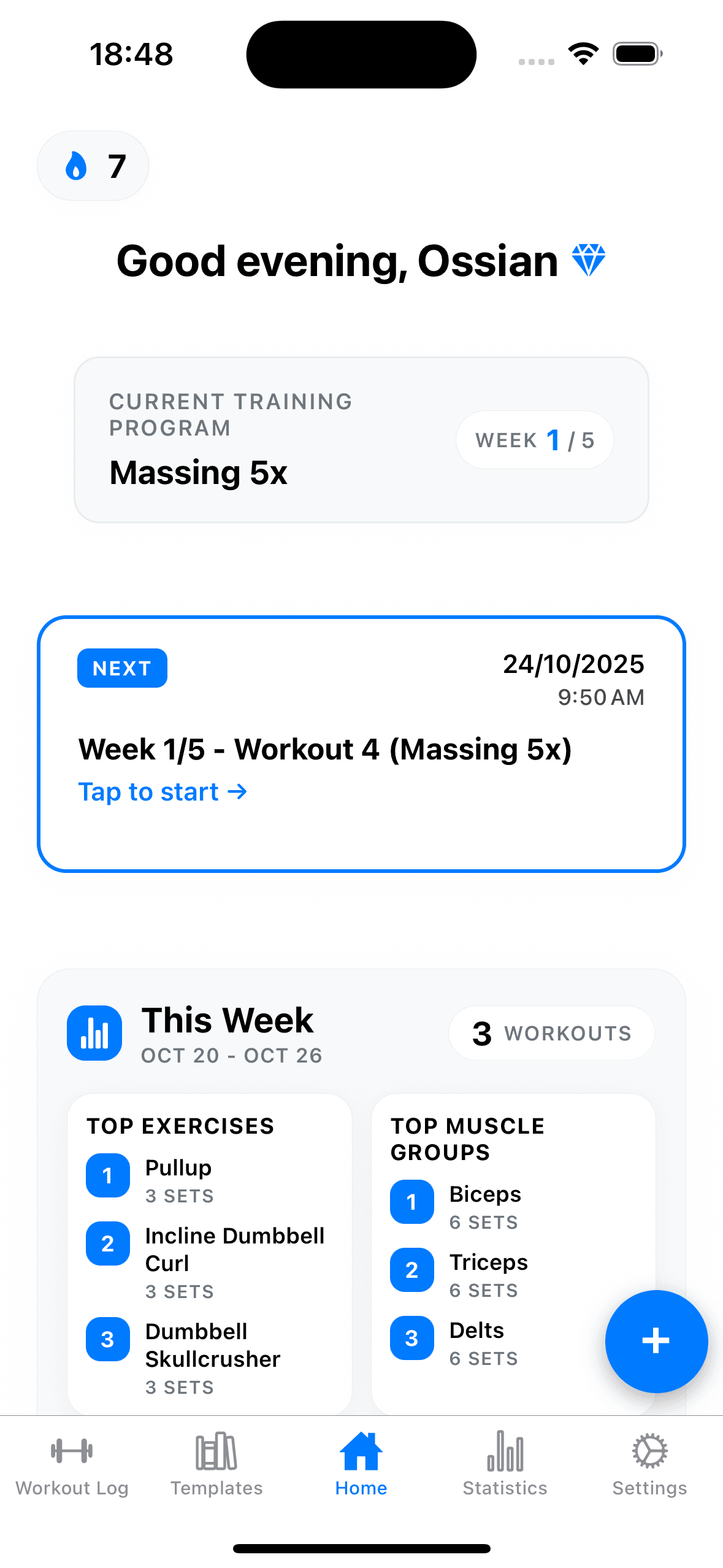 GainsLog home screen