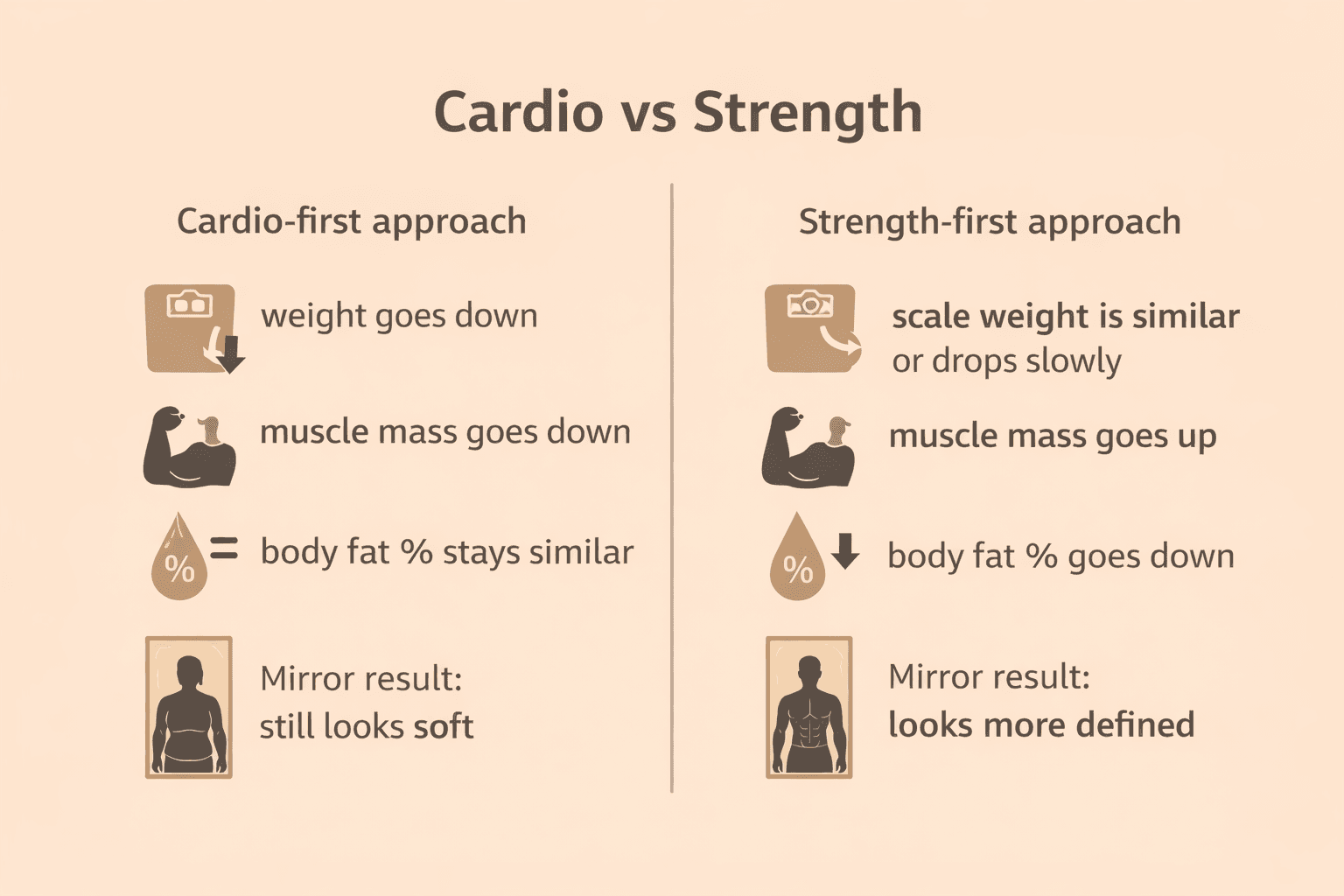Två kolumner som jämförs: kardio-först-upplägget visar att vågen går ner, muskelmassan går ner, kroppsfettprocenten förblir liknande, och spegelresultatet fortfarande är mjukt. Styrka-först-upplägget visar att vågen går ner något, muskelmassan går upp, kroppsfettprocenten går ner, och ett synligt magrare spegelresultat