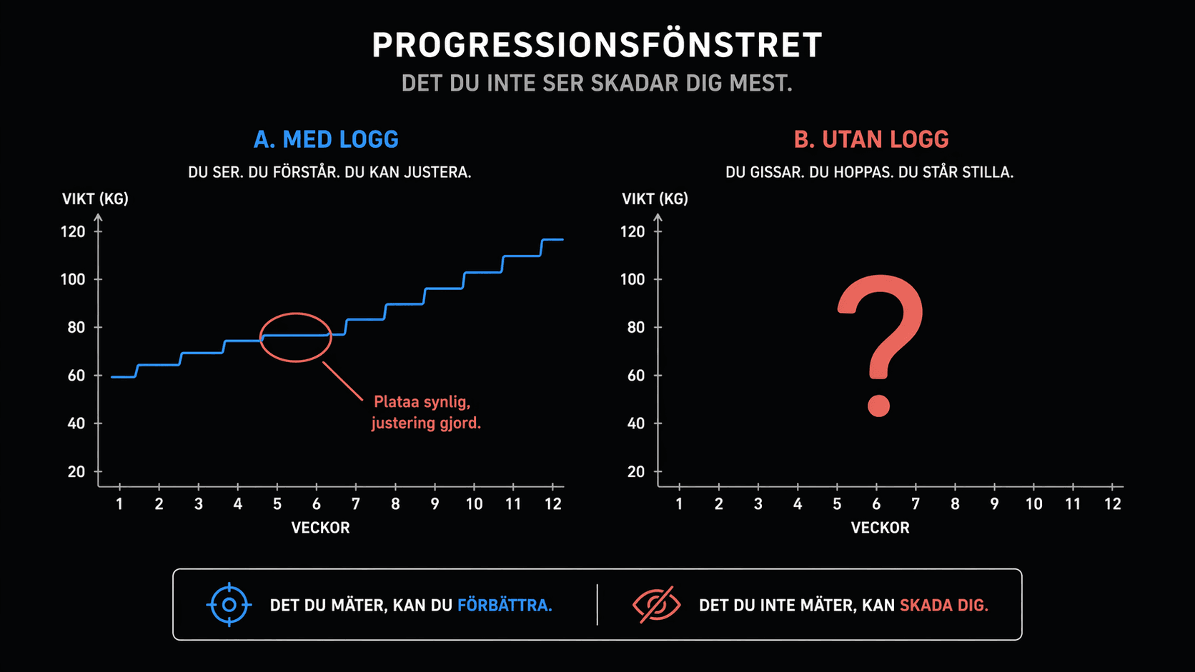 Side-by-side comparison of training with and without a log: the logged version shows a staircase progression with a visible plateau that gets corrected, while the unlogged version shows a question mark where data should be