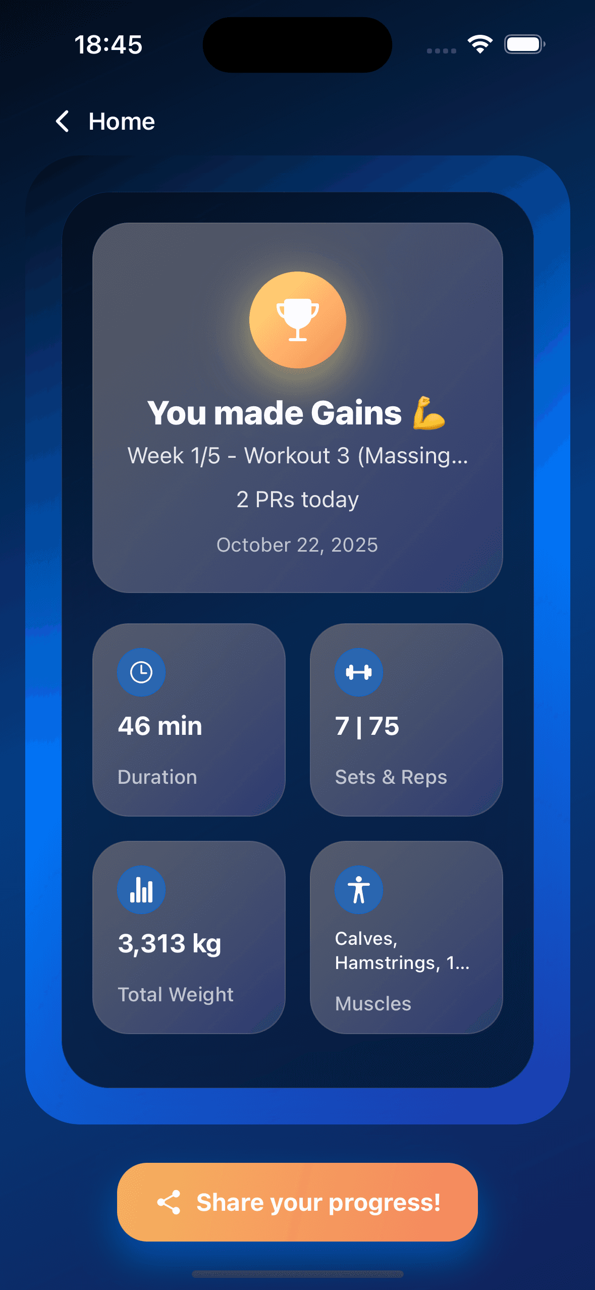 GainsLog workout review screen with performance metrics