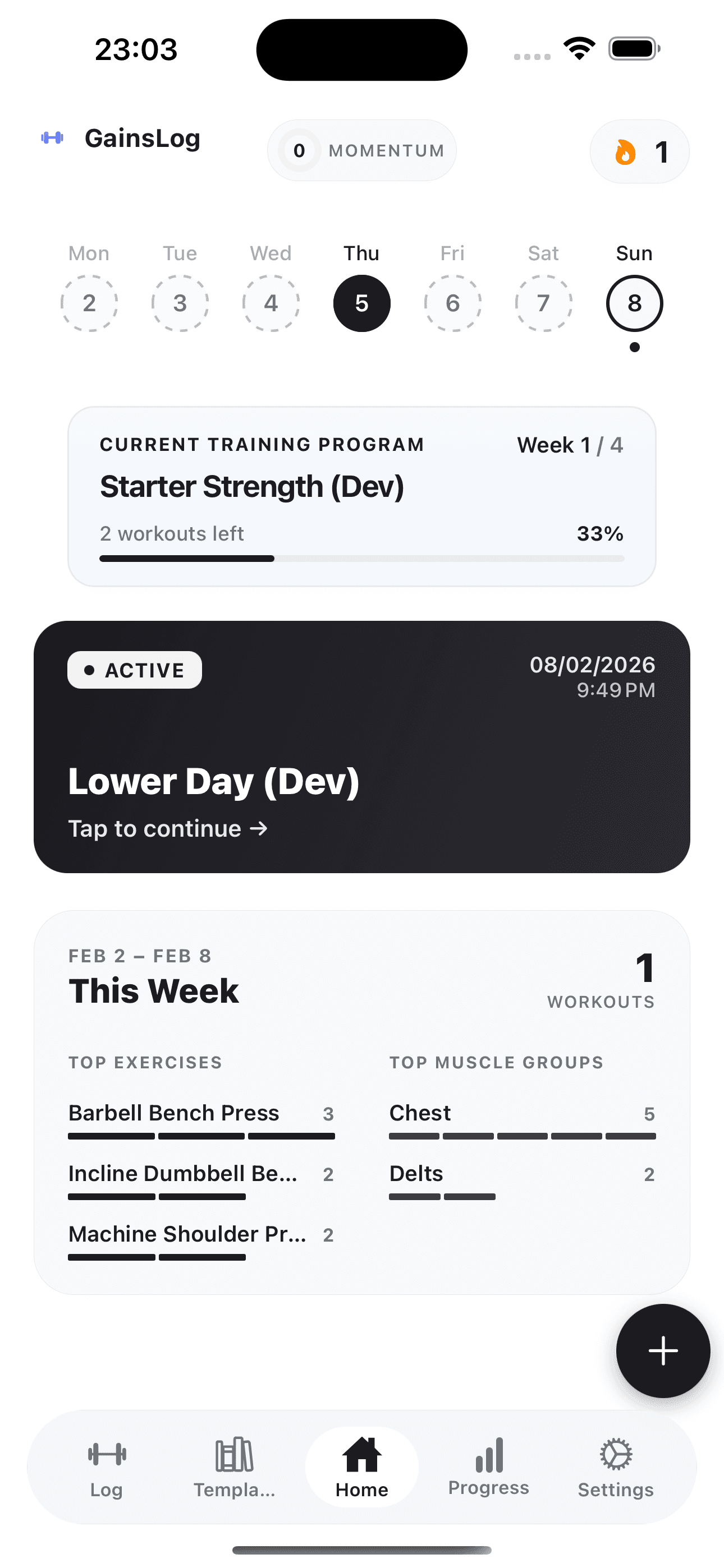 GainsLog workout log screen showing logged sets, weight and reps